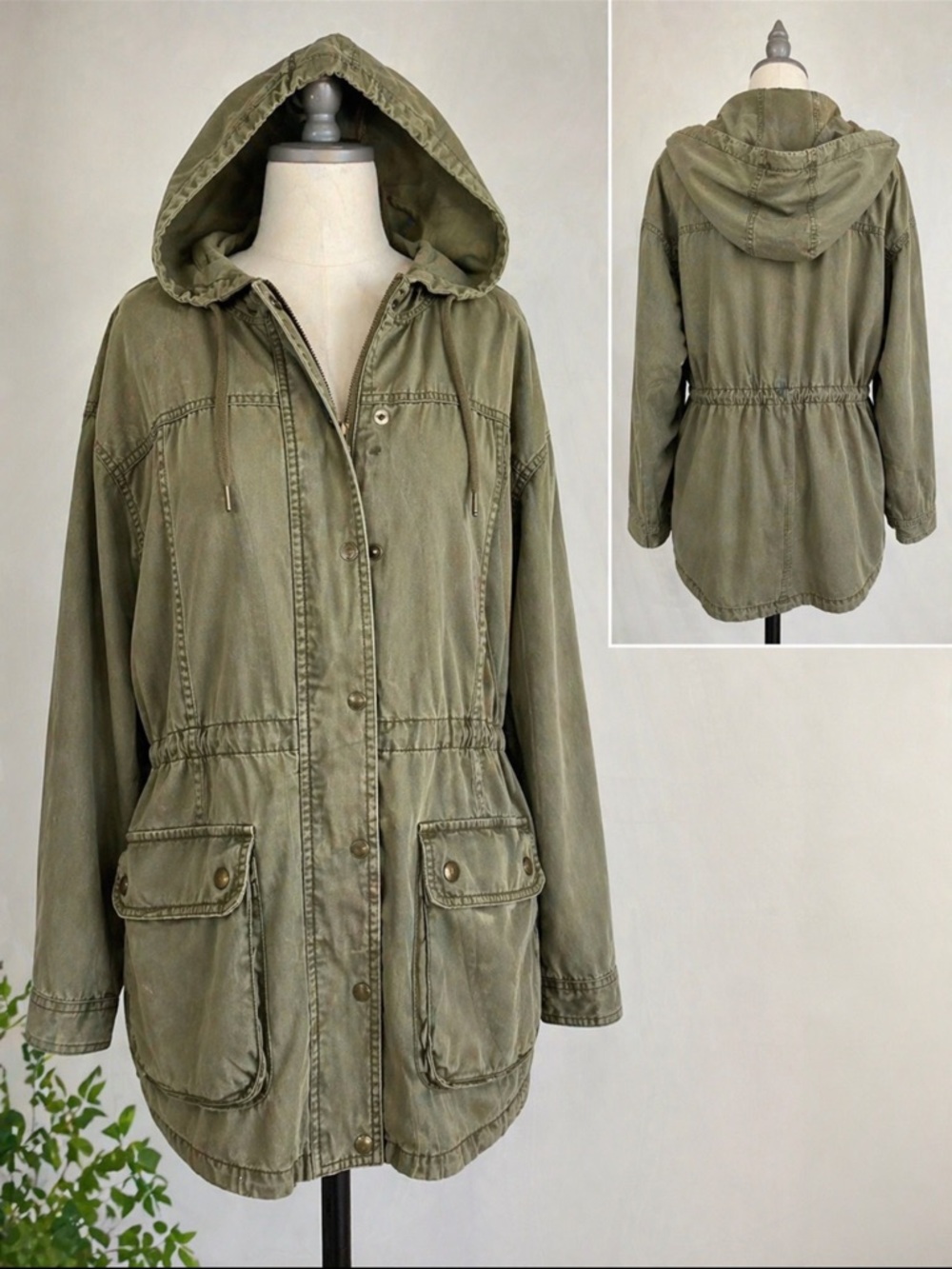 Max Jeans Olive Green Hooded Utility Jacket Military Anorak Zip Snap